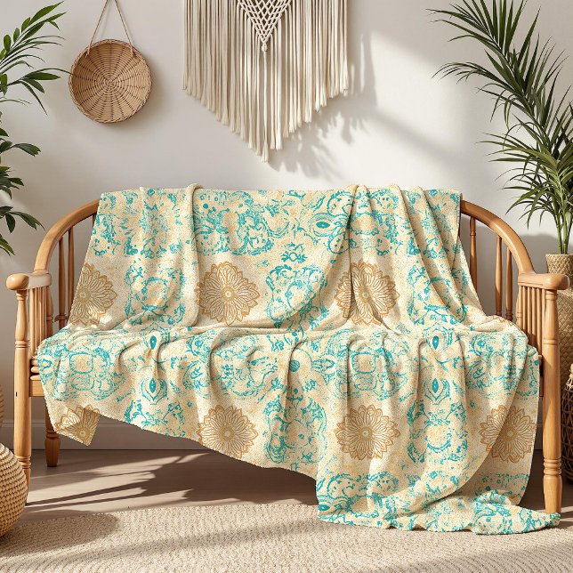 Desert Dream Vintage Sand & Turquoise Blooms Fleece Blanket (Desert Dream Vintage Sand & Turquoise Blooms Fleece Blanket in a boho living room on a wooden sofa.)