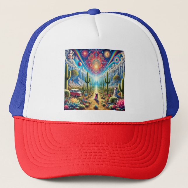 Desert Dreamscape: Oasis of Infinite Wonders Trucker Hat (Front)