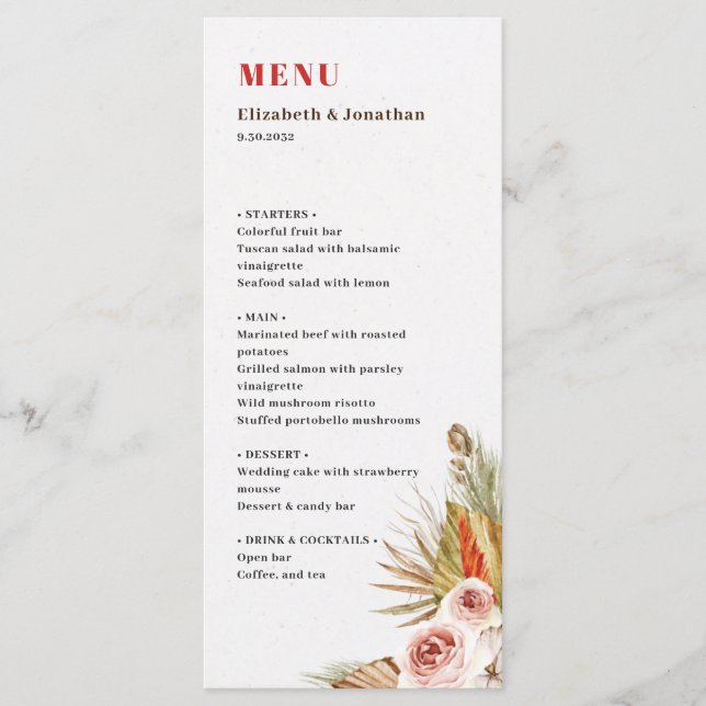 Desert dried flowers romantic boho terracotta menu (Front)