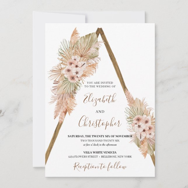  Desert Dried Palm Leaves Pampas Grass Wooden Arch Invitation (Front)
