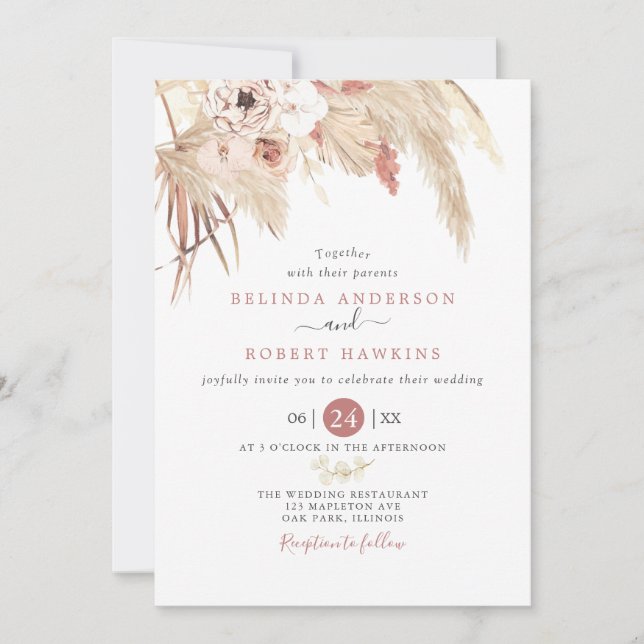 Desert Dusty Rose Boho Pampas Grass Wedding Invitation (Front)