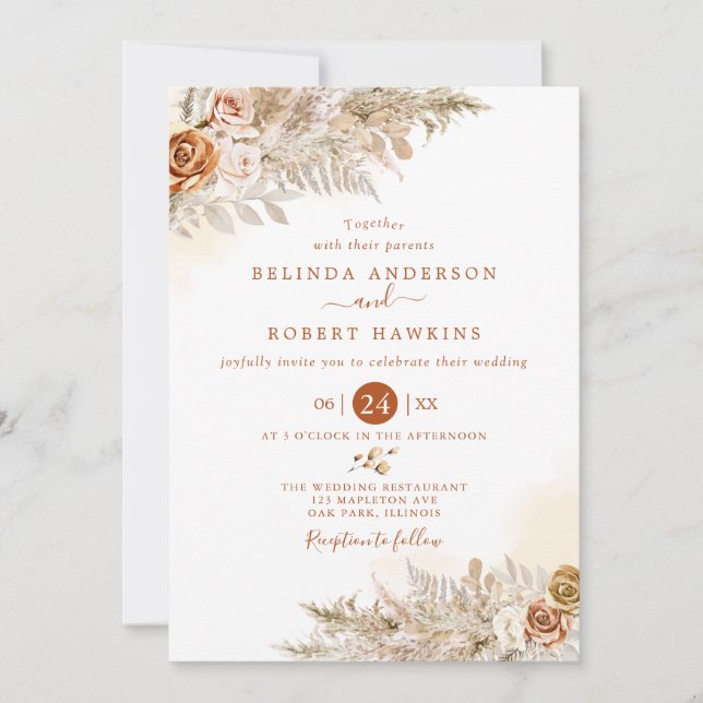 Desert Earthy Fall Boho Rose Pampas Grass Wedding  Invitation (Front)