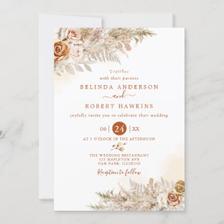 Desert Earthy Fall Boho Rose Pampas Grass Wedding Invitation