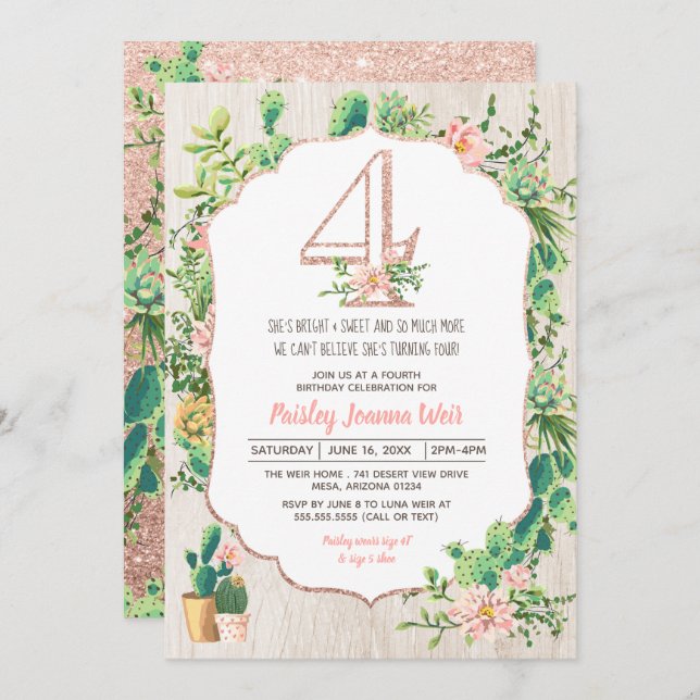 Desert Flower Glitter 4 Fourth Birthday Invitation (Front/Back)