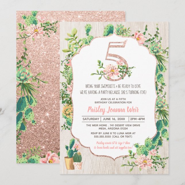 Desert Flower Glitter 5  Fifth Birthday Invitation (Front/Back)
