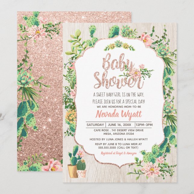 Desert Flower & Rose Gold Baby Shower Invitation (Front/Back)