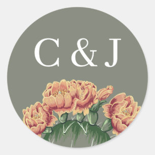 Desert Flowering Cactus Wedding Couple's Initials Classic Round Sticker