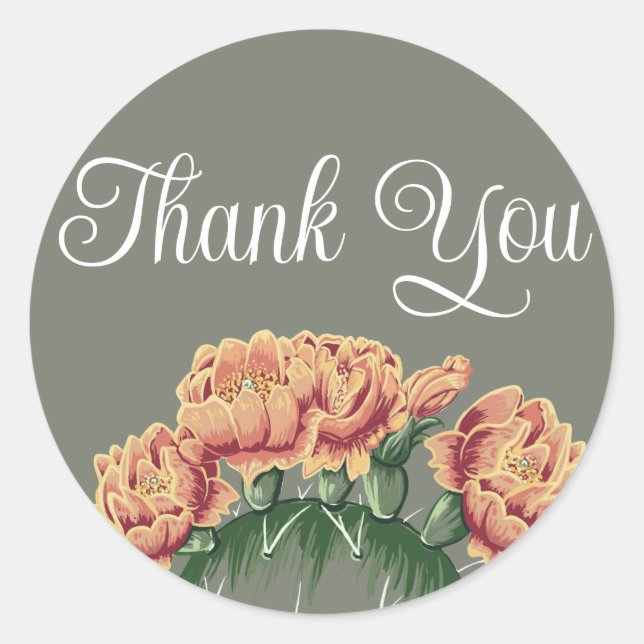 Desert Flowering Cactus Wedding Thank You Script Classic Round Sticker (Front)
