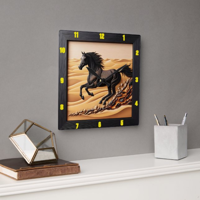 Desert Gallop Charred Grain Arabian Timekeepers Square Wall Clock (Office)