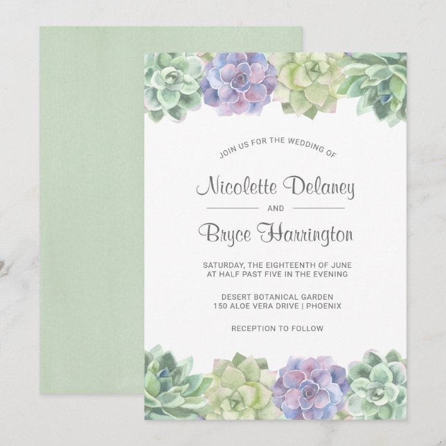 Desert Green and Purple Succulents Wedding Invitation (Front/Back)