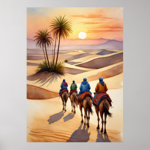 Desert Journey at Sunset – Nomadic Camel Caravan Poster