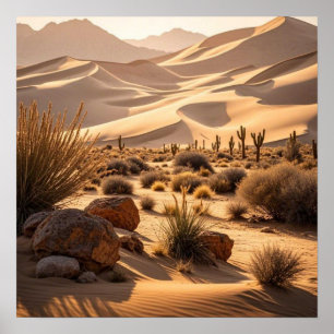 Desert landscape at sunset poster