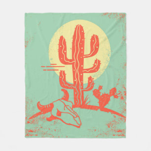 Desert landscape with Cactuses and cow skull. Vint Fleece Blanket