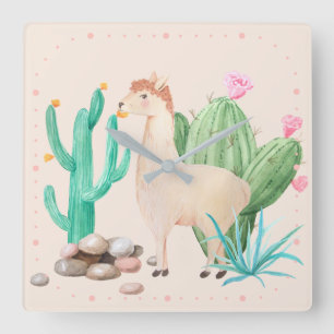 Desert LIama Cactus Flowers Square Wall Clock