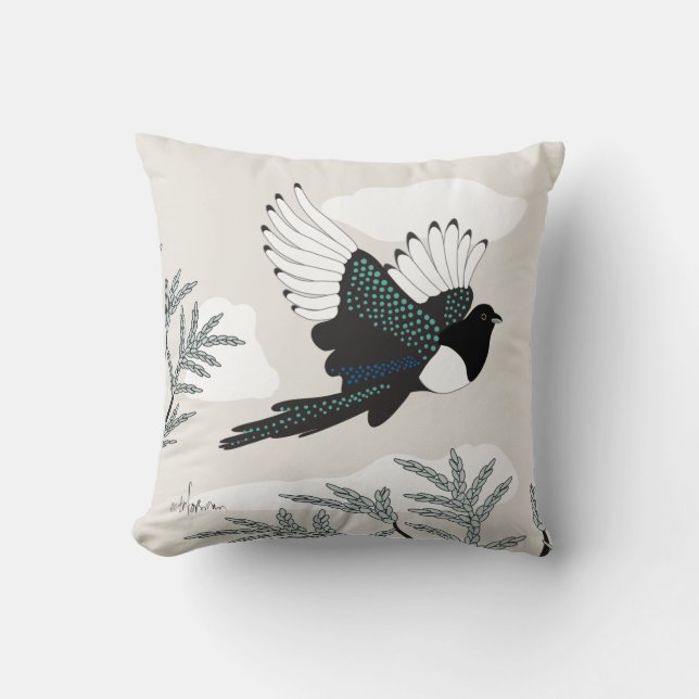 DESERT LIFE Magpie stylised with sage Cushion (Front)