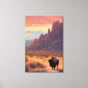 Desert Lone Buffalo Colorful Sunrise Art Landscape Canvas Print