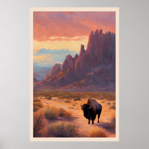 Desert Lone Buffalo Colorful Sunrise Art Landscape Poster