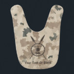 Desert Maccabee Shield And Spears Bib<br><div class="desc">A military brown "subdued" style depiction of a Maccabee's shield and two spears on a desert camo background. The shield is adorned by a lion and text reading "Yisrael" (Israel) in the Paleo-Hebrew alphabet. Add your own text. The Maccabees were Jewish rebels who freed Judea from the yoke of the...</div>