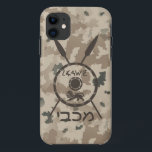 Desert Maccabee Shield And Spears Case-Mate iPhone Case<br><div class="desc">A military brown "subdued" style depiction of a Maccabee's shield and two spears on a desert camo background. The shield is adorned by a lion and text reading "Yisrael" (Israel) in the Paleo-Hebrew alphabet. Hebrew text reading "Maccabee" also appears. The Maccabees were Jewish rebels who freed Judea from the yoke...</div>