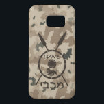 Desert Maccabee Shield And Spears<br><div class="desc">A military brown "subdued" style depiction of a Maccabee's shield and two spears on a desert camo background. The shield is adorned by a lion and text reading "Yisrael" (Israel) in the Paleo-Hebrew alphabet. Hebrew text reading "Maccabee" also appears. The Maccabees were Jewish rebels who freed Judea from the yoke...</div>