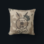 Desert Maccabee Shield And Spears Cushion<br><div class="desc">A military brown "subdued" style depiction of a Maccabee's shield and two spears on a desert camo background. The shield is adorned by a lion and text reading "Yisrael" (Israel) in the Paleo-Hebrew alphabet. Hebrew text reading "Maccabee" also appears. Add your own text on the reverse side. The Maccabees were...</div>