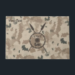 Desert Maccabee Shield And Spears Doormat<br><div class="desc">A military brown "subdued" style depiction of a Maccabee's shield and two spears on a desert camo background. The shield is adorned by a lion and text reading "Yisrael" (Israel) in the Paleo-Hebrew alphabet. Add your own text. The Maccabees were Jewish rebels who freed Judea from the yoke of the...</div>