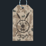 Desert Maccabee Shield And Spears Gift Tags<br><div class="desc">A military brown "subdued" style depiction of a Maccabee's shield and two spears on a desert camo background. The shield is adorned by a lion and text reading "Yisrael" (Israel) in the Paleo-Hebrew alphabet. Add your own text on the reverse side. The Maccabees were Jewish rebels who freed Judea from...</div>