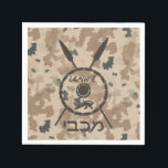 Desert Maccabee Shield And Spears Napkin<br><div class="desc">A military brown "subdued" style depiction of a Maccabee's shield and two spears on a desert camo background. The shield is adorned by a lion and text reading "Yisrael" (Israel) in the Paleo-Hebrew alphabet. Modern Hebrew text reading "Maccabee" also appears. The Maccabees were Jewish rebels who freed Judea from the...</div>