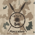 Desert Maccabee Shield And Spears Photo Sculpture Magnet<br><div class="desc">A military brown "subdued" style depiction of a Maccabee's shield and two spears on a desert camo background.  The shield is adorned by a lion and text reading "Yisrael" (Israel) in the Paleo-Hebrew alphabet. English text reading "Maccabee" also appears.</div>
