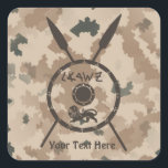 Desert Maccabee Shield And Spears Square Sticker<br><div class="desc">A military brown "subdued" style depiction of a Maccabee's shield and two spears on a desert camo background. The shield is adorned by a lion and text reading "Yisrael" (Israel) in the Paleo-Hebrew alphabet. Add your own text. The Maccabees were Jewish rebels who freed Judea from the yoke of the...</div>