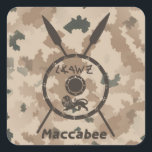 Desert Maccabee Shield And Spears Square Sticker<br><div class="desc">A military brown "subdued" style depiction of a Maccabee's shield and two spears on a desert camo background. The shield is adorned by a lion and text reading "Yisrael" (Israel) in the Paleo-Hebrew alphabet. English text reading "Maccabee" also appears. The Maccabees were Jewish rebels who freed Judea from the yoke...</div>