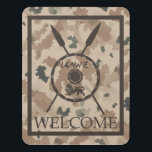 Desert Maccabee Shield And Spears - Welcome Door Sign<br><div class="desc">A military brown "subdued" style depiction of a Maccabee's shield and two spears on a desert camo background. The shield is adorned by a lion and text reading "Yisrael" (Israel) in the Paleo-Hebrew alphabet. English text reading, "WELCOME" also appears. The Maccabees were Jewish rebels who freed Judea from the yoke...</div>