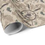 Desert Maccabee Shield And Spears Wrapping Paper<br><div class="desc">A military brown "subdued" style depiction of a Maccabee's shield and two spears on a desert camo background. The shield is adorned by a lion and text reading "Yisrael" (Israel) in the Paleo-Hebrew alphabet. English text reading "Maccabee" also appears. The Maccabees were Jewish rebels who freed Judea from the yoke...</div>