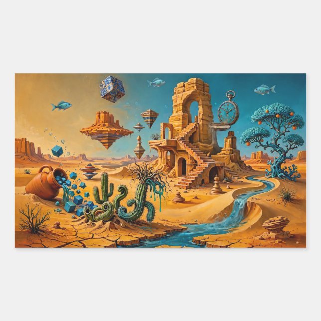 Desert Mirage Ochre Orange Teal Blue Rectangular Sticker (Front)