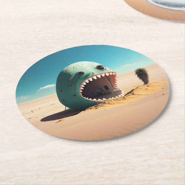 Desert monster house round paper coaster (Angled)
