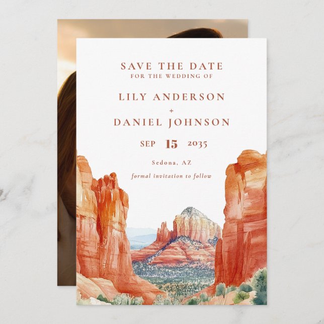 Desert Mountain Watercolor Photo Wedding Save The Date (Front/Back)