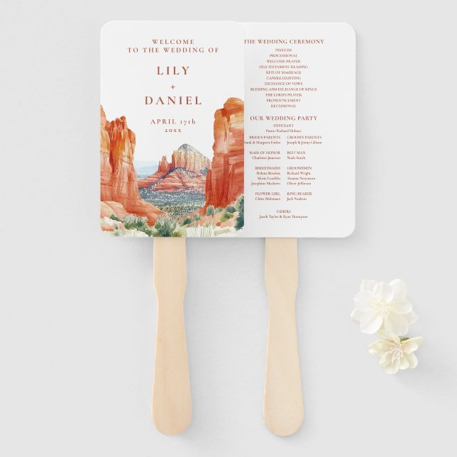 Desert Mountain Watercolor Wedding Program Hand Fan (Front and Back)