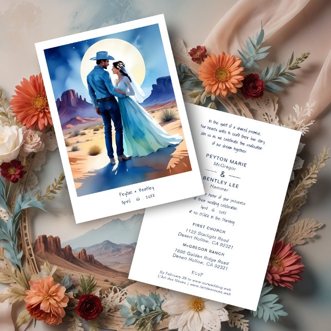Desert Mountains Colorful landscape Wedding Cowboy Invitation (Desert Mountains Colorful landscape Wedding Cowboy Groom & Bride Couple Illustration in Blue Shades.)