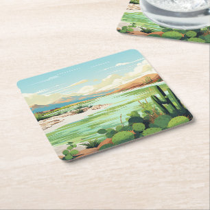 Desert Oasis Greens Beach lake Square Paper Coaster