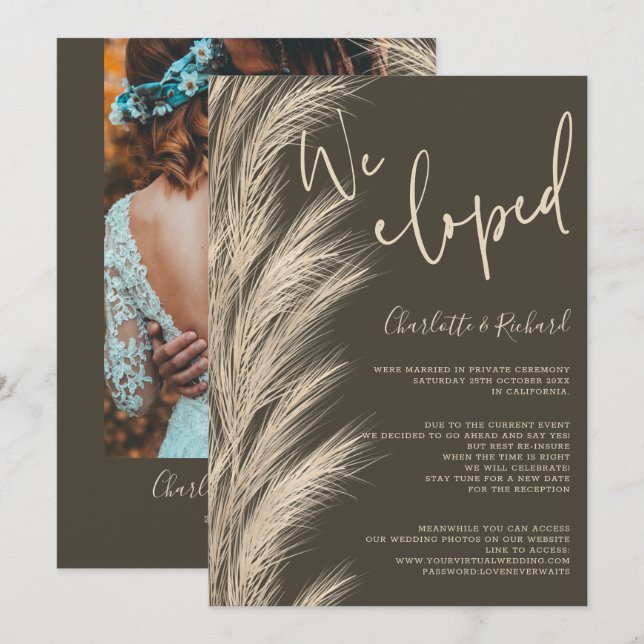 Desert pampas boho beige we eloped wedding photo announcement (Front/Back)
