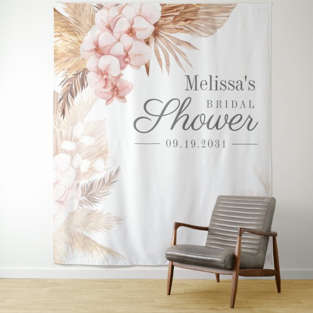 Desert Pampas Grass Boho Bridal Shower Backdrop Tapestry (In Situ)