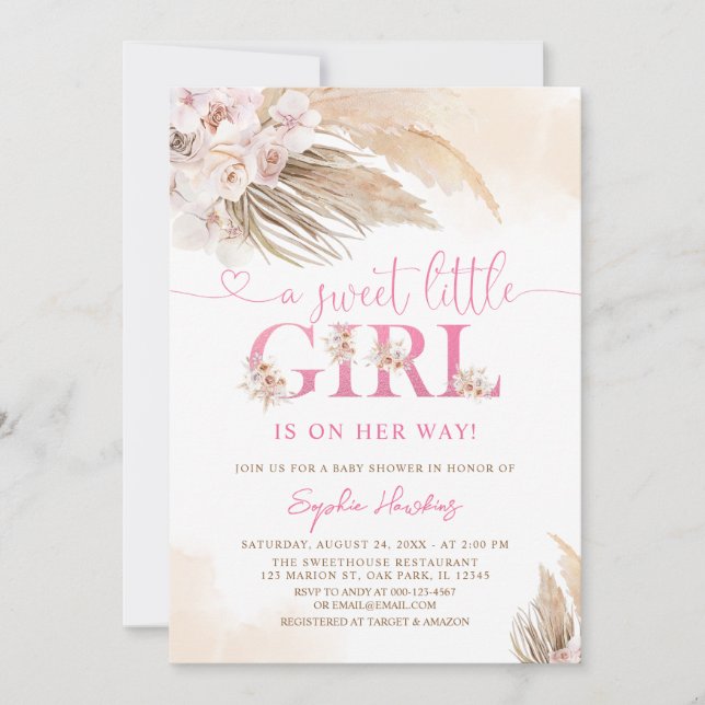 Desert Pink Boho Pampas Grass Girl Baby Shower Invitation (Front)