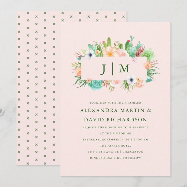 Desert Pink Succulent Wedding Invitation (Front/Back)