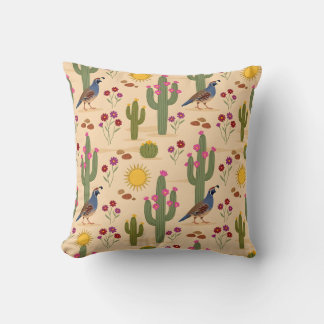 Desert Quail Colourful Cactus Floral Southwest  Cushion
