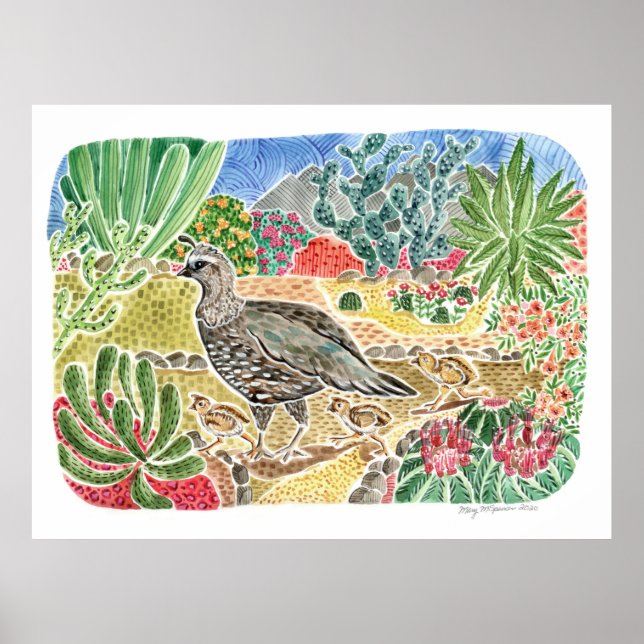 Desert Quail with Colorful Desert Landscape Poster (Front)