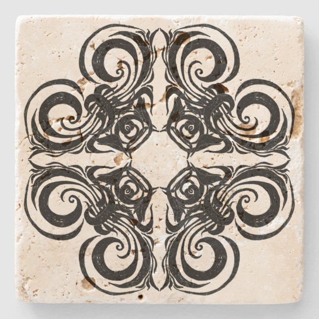 Desert Rose Black Intricate Pattern Stone Coaster (Front)