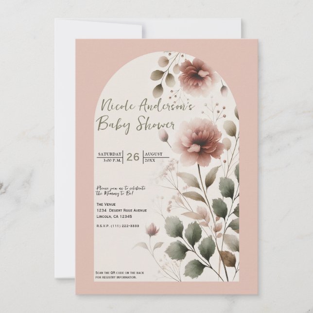 Desert Rose Pink & Green Floral  Baby Shower Invitation (Front)