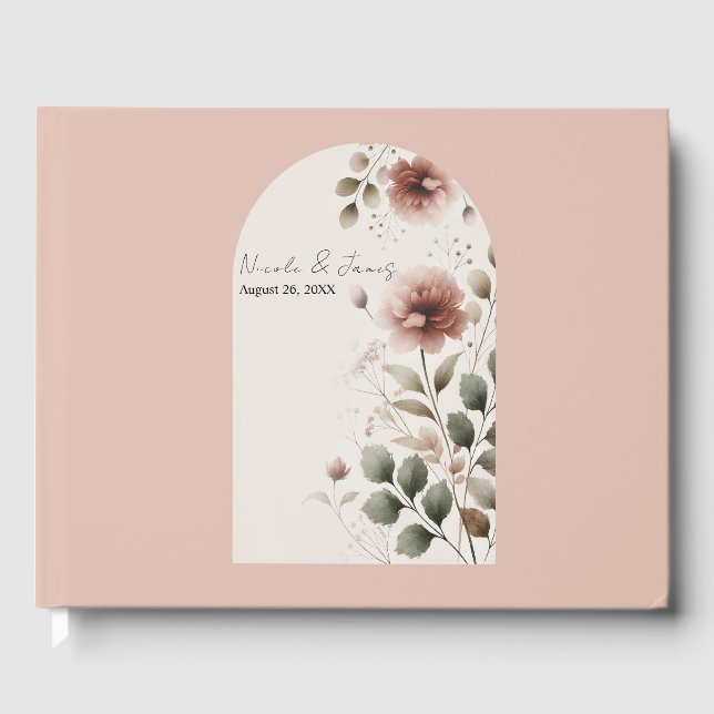 Desert Rose Pink & Green Floral Greenery Wedding Guest Book (Front)