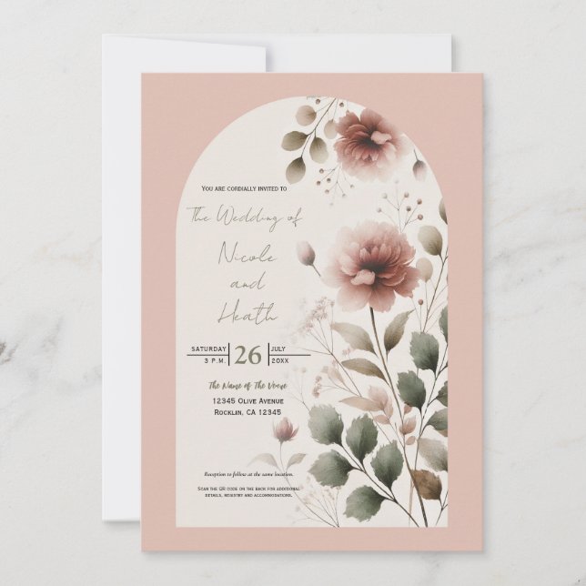 Desert Rose Pink & Green Floral Greenery Wedding Invitation (Front)