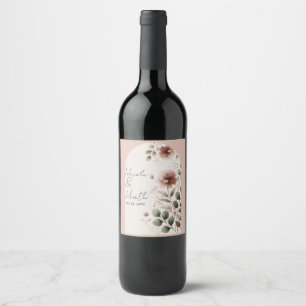 Desert Rose Pink & Green Floral Greenery Wedding Wine Label
